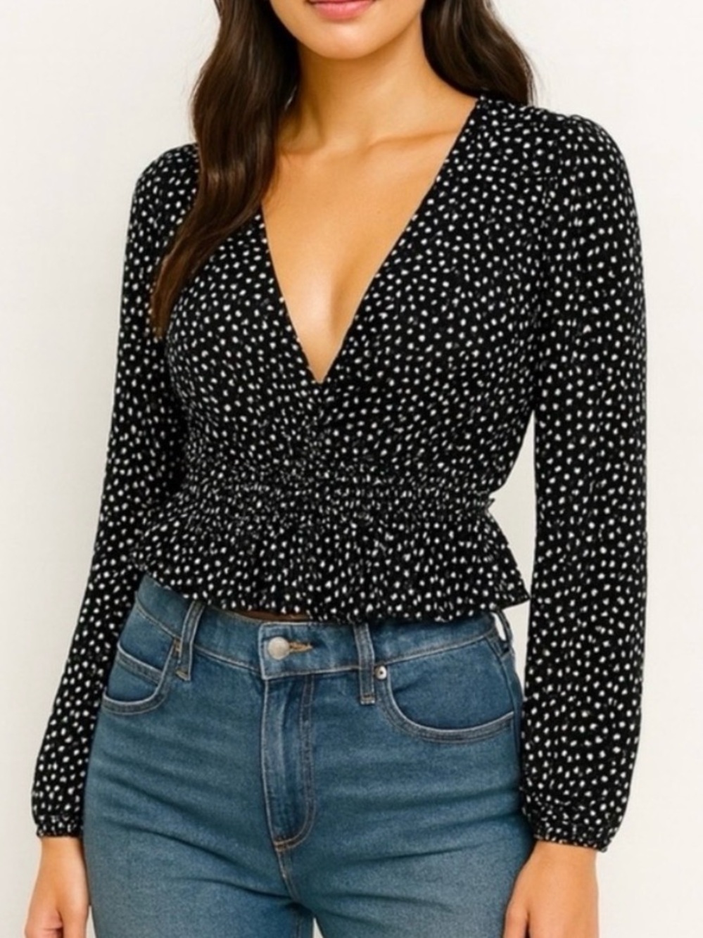 Zara Black Polka Dot V-Neck Smocked Waist Blouse